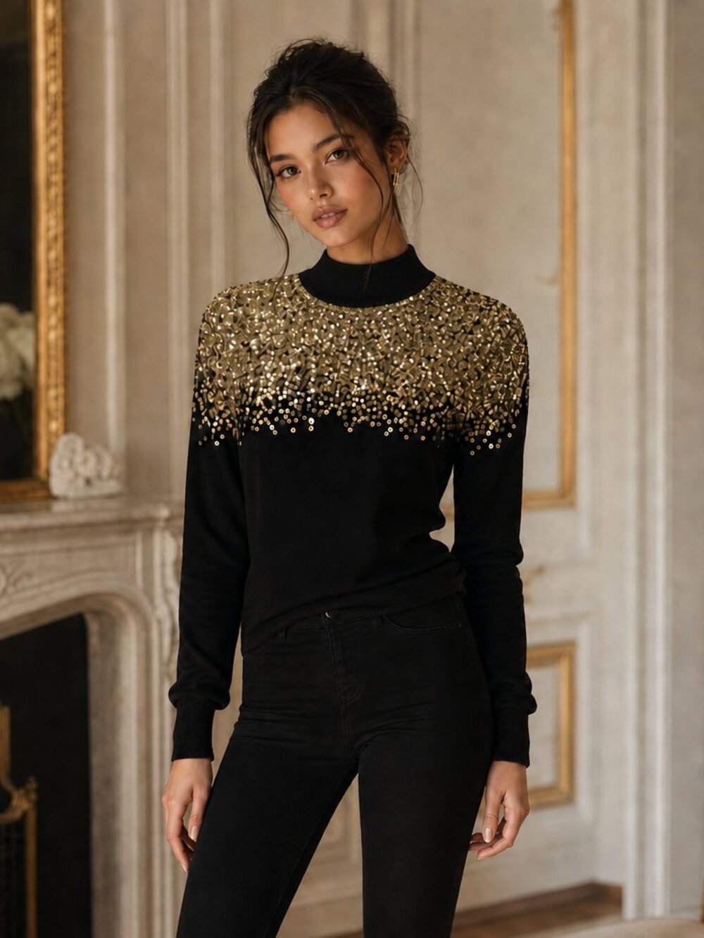 Boston Proper Black Gold Sequin Mock Turtleneck Sweater | Size XXS | Like New